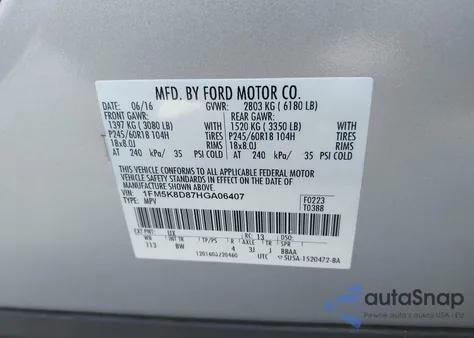 2017 Ford Explorer Xlt из США, поврежденный, VIN 1FM5K8D87HGA06407